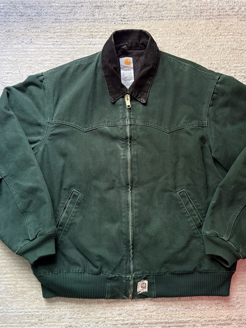 Carhartt Green Duck Bomber Jacket with Black Collar